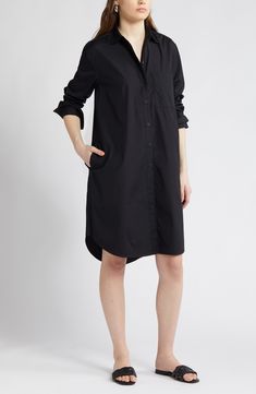 A crisp point collar lends polished shape to a high-low cotton shirtdress punctuated by a streamlined patch pocket. 39" front length, 41" back length (size Medium) Front button closure Point collar Long sleeves Chest patch pocket Unlined 100% cotton Machine wash, line dry Imported Shirt With Pocket, Cotton Shirt Dress, Shirtdress, Long Skirt, Patch Pocket, High & Low, High Low, Nordstrom, Long Sleeves