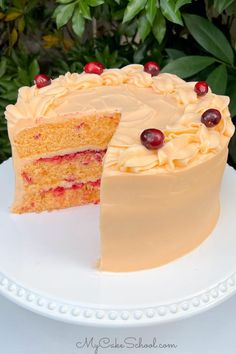 a piece of cake with white frosting and cranberries on top is cut from the side