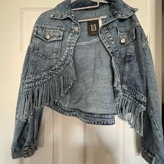 Brand New With Tags In Excellent Condition Size Medium Spring Blue Denim Jacket With Fringe, Blue Fringe Outerwear For Spring, Blue Fringe Outerwear For Fall, Trendy Blue Fringed Outerwear, Trendy Blue Fringe Outerwear, Jean Jacket With Fringe, Restyled Clothing, Plaid Trench Coat, Gold Blazer