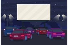 a group of cars parked in front of a large screen on the side of a road