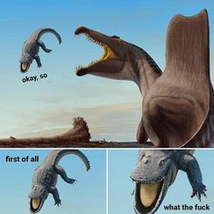 two pictures of dinosaurs with their mouths open and the words first of all written below