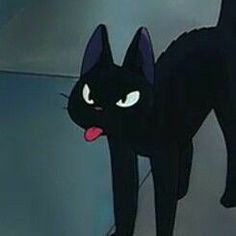 a black cat with its tongue out standing in front of a wall and looking at the camera