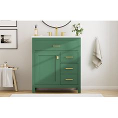 a bathroom with a green cabinet and white rug on the floor next to a sink