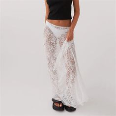 Flaunt your feminine side in our Rossa Floral Lace Maxi Skirts! Featuring delicate see thru lace and a flowy silhouette, this skirt is perfect for romantic outings or casual chic looks or any occasion that fits your style. Dress up or down, this lace skirt is a must for the summer and layering needs. Gender: WOMEN Item Type: Skirts, Maxi Skirts Material: 95% Polyester, 5% Elastane Decoration: Lace Elasticity: Slight Stretch Dresses Length: Ankle-Length Silhouette: A-LINE Waist: Elastic Waist SIZ Lace Maxi Skirts, Vintage Beachwear, Empire Dresses, Skirt Streetwear, Maxi Lace Skirt, Skirt Y2k, Rave Outfit, Vintage Inspired Outfits, Long Maxi Skirts