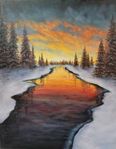 an oil painting of a sunset over a frozen lake with snow on the ground and trees in the background