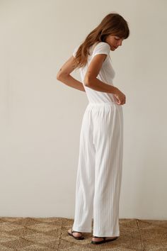 Our best-selling simple pant reimagined in a cropped silhouette. The Pointelle Simple Crop Pant is super-soft, effortless and versatile. Pairs perfectly with The Pointelle Sqaure Neck Tank and The Pointelle Baby Tee Made in LA Cropped Summer Bottoms For Daywear, Chic Cropped Bottoms For Daywear, High-waisted Wide Leg Pants With Elastic Waistband, Wide Leg Pants With Elastic Waistband For Daywear, Daywear Pants With Elastic Waistband And Wide Leg, Cropped Bottoms With Elastic Waistband For Loungewear, Stretch Wide Leg Bottoms For Daywear, Stretch Wide Leg Pants For Daywear, Spring Cropped Loungewear Pants