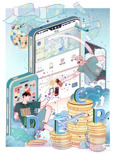 an illustration of two people playing on a cell phone surrounded by stacks of gold coins