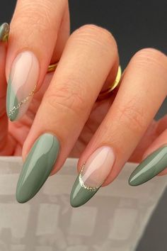 Money Green Nails Designs, Solid And French Tip Nails, Partial French Tip Nails, Spring Nails 2023 Green, Nails To Match Sage Green Dress, Save Green Nails, Dip Spring Nails, One Nail Art, Almond Nails Nail Art