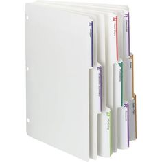 a white binder with five different colored folders on it's sides and one in the middle