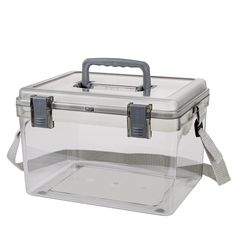 a clear plastic box with handles and latches on the lid is shown in front of a white background