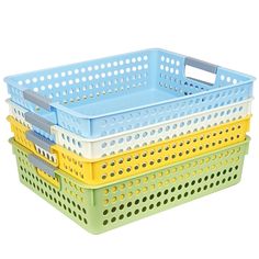 three plastic baskets stacked on top of each other with holes in the bottom and sides