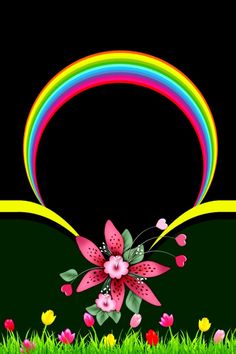 an image of a flower with a rainbow in the background and flowers on the grass