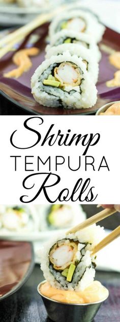 suship tempura rolls on a plate with chopsticks in them