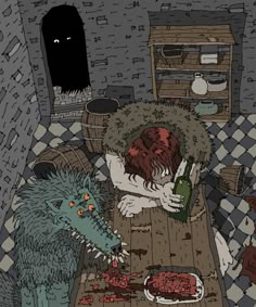 a person sitting at a table with food in front of them and a monster on the floor