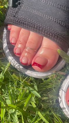 Red French Tip Nails Pedicure, Pedicure Ideas Red Toenails, Acrylic Toenails Pedicures, Summer Red Toe Nails, Red Nails Feet Pedicures, Burgundy French Tip Toes, French Tip On Toe Nails, Cherry Red Toenails, Red Tip Toe Nails