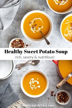 two bowls of creamy sweet potato soup on a table with spoons and napkins