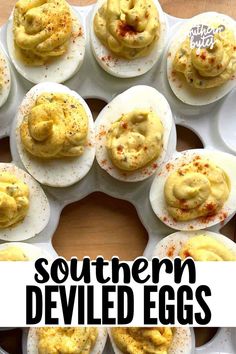 deviled eggs are arranged in a circle on a plate with the words southern deviled eggs