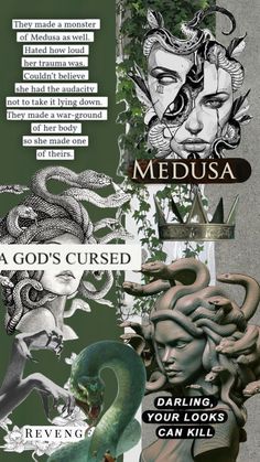 the cover for medusa, featuring an image of two snakes and a woman's head