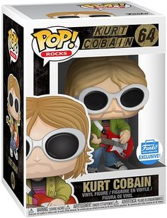 pop vinyl figure kurt cobainn with guitar and sunglasses on the packaging box