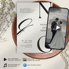 save the date card with an image of a bride and groom