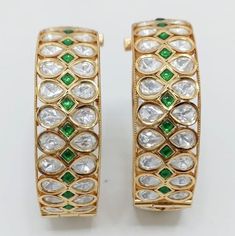 Uncut polki kundan openable bangle/bracelet/ kada in Gold finish with Emerald green stones. Price is for pair.  Size 2-4 (2.25in diameter), 2-6 (2.375in diameter) and 2-8 (2.5in diameter) available. Please state size in checkout. Green Bollywood Bangle With Cutdana, The Bangles, Chandbali Earrings, Green Stones, Old Jewelry, American Diamond, Bracelet Bangle