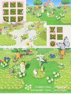 an animal crossing game is shown in two different screens, one with flowers and the other with