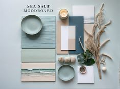 the sea salt mood board is laid out with different colors and materials to create it