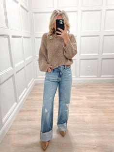 The Logan Dad Jeans – Dani-Rae & Company Womens Daily Outfits, Wide Leg Womens Jeans, Dad Jeans Outfit Women Winter, Wide Leg Cuffed Jeans Outfit, Western Mom Outfits, Medium Wash Jeans Outfit, Cool Spring Day Outfit, Young Mom Fashion, Dad Jeans Outfit Women