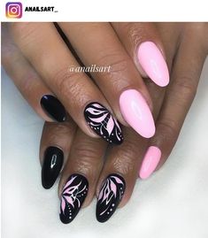 Pick And Black Nails, Pink Nails With Black Flowers, Black Pink And White Nails, Pink Nails With Black Design, Baby Pink And Black Nails, Black And Pink Nail Designs, Biogel Nails, Pink And Black Nail Art