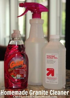 three different types of household cleaning products on a counter top with the words, homemade granite cleaner