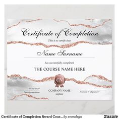 certificate of completion with rose gold and white marble design on the front, pink ribbon around the edges