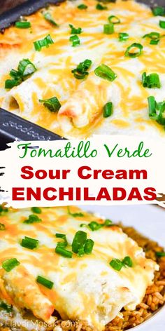 an enchilada dish with cheese and green onions on top, in a casserole dish