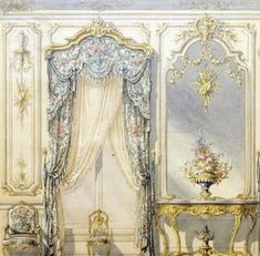 this is a drawing of a fancy room with gold furniture and flowers on the walls