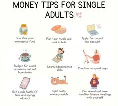 a poster with the words money tips for single adults