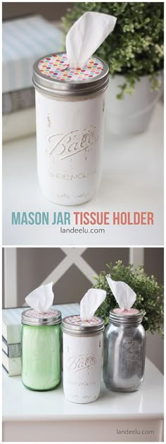 mason jar tissue holder is shown with the lid open and two different colors on it