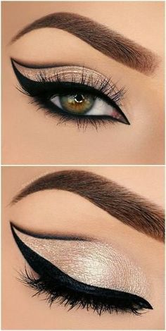 bold grapic cat eye outline / half cut crease in black + gold glitter | makeup @vanyxvanja by Blondie69 by Debbie Coles Carrano Make Up Mata, Almond Eye Makeup, Harley Quinn Makeup, Halloweenský Makeup, Diy Makeup Remover, Eyeliner Hacks, Mekap Mata, Eyeshadow Glitter, Makeup Tip