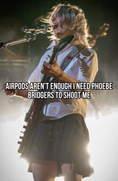 a woman in a skirt holding a microphone with the caption, airport aren't enough i need phoee bridges to shot me