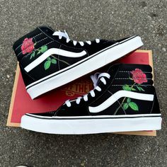 We have a single rose on the sides of these Vans SK8 Hi shoes.  We buy each pair of shoes BRAND NEW from the Vans retail store. The ink is permanent and will never come off. Made in the USA. This price includes everything: shoes, artwork, and shipping. Thanks for stopping by our Etsy shop! Please message us with any questions! Sizes listed are in US sizing scale. If you have any issues with your order, please feel free to reach out to us and we will be more than glad to help you! Note: Blvd Custom is in no way affiliated with any of the shoe brands or companies that are featured on our website. Each pair of shoes is ordered lawfully bought at retail price. Cute Shoes Vans, Vans Shoes For Men, Vans Design, Cool Vans Shoes, Hi Top Vans, Vans Aesthetic, Vans High Top, Mens Vans Shoes, Sk8 Hi Vans