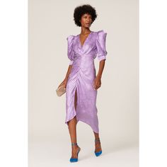 Purple crepe (70% Viscose, 30% Silk). Hourglass. Short sleeves. V-neckline. Hidden back zipper with hook-and-eye closure. Partially lined. 45" from shoulder to shortest hemline, 55" from shoulder to longest hemline. Imported. Lavender Cocktail Dress, Ariana Dress, Ronny Kobo, Va Va Voom, Rent The Runway, Medium Dress, Review Dresses, Dress Purple, Formal Attire