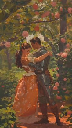 a painting of a man and woman in an orange dress standing under a tree with roses