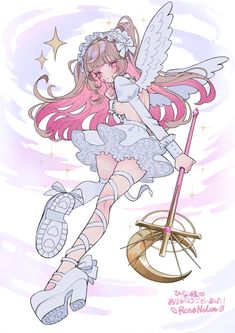 a drawing of a girl with pink hair and angel wings, holding a wand in her hand