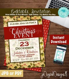 christmas party flyer with laptop and other items on wooden table next to phone, tablet