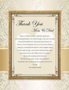 a wedding thank card with an ornate frame and gold trimmings on the border