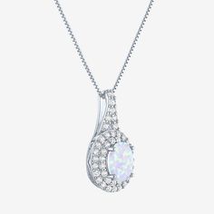 This stunning pendant necklace features a Lab-Grown birthstone surrounded by a halo of sparkling stones, all set in sterling silver. The pendant hangs gracefully from an elegant chain, offering a touch of sophistication and timeless beauty. A great complement for any outfit.Features: Quick ShipLink Construction: SolidSetting: ProngStone Cut: OvalMetal Color: WhiteChain Length: 18 InchChain Construction: BoxCare: Wipe CleanStone Type: 1 Lab Created Opal, 45 Lab Created SapphireAuthenticity: Lab … Diamond White Necklace With Halo Design And Round Stone, Formal Silver Halo Necklace, Silver Birthstone Necklace With Teardrop Gemstone Pendant, Sterling Silver Necklaces With Halo Setting, Anniversary Necklace With Halo Design And Round Stone, Diamond White Cubic Zirconia Halo Necklace, Anniversary Diamond White Halo Necklace, Cubic Zirconia Round Pendant Necklace With Halo, Fine Jewelry Necklaces With Halo Design In Cubic Zirconia