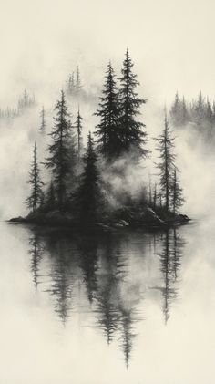 a black and white photo of trees in the fog on a body of water with mist