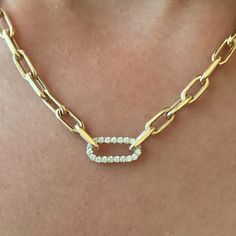 "This Italian handcrafted chain link necklace is completely composed of 14K solid gold and is uniquely made with a semi-hollow interior for comfortable everyday wear that will not dent . The chain is centered with a slightly larger link and is pavé set on both sides with genuine GVs1 quality natural real Diamonds. NOTE: This item is available in longer or shorter length options. Kindly send us a \"Custom Order\" request for pricing and details. ♦ Total Length: available in your choice of 14, 16, Yellow Gold Paperclip Chain Necklace With Oval Pendant, Anniversary Link Chain Necklace With Paperclip Chain, Anniversary Paperclip Chain Link Necklace, Gold Oval Pendant Chain Necklace With Paperclip Chain, Oval Link Chain Necklace For Anniversary, Cable Chain Link Necklace For Anniversary, Adjustable Chain Link Necklace For Anniversary, Anniversary Cable Chain Necklace With Oval Links, Anniversary Oval Link Cable Chain Necklace