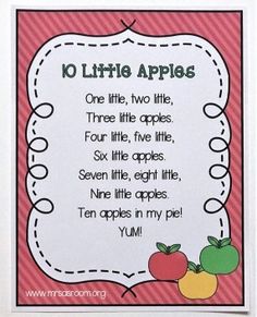 an apple poem is shown with the words, ten apples in my pie and two little apples