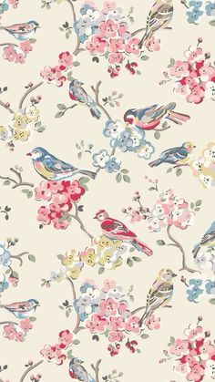 a floral wallpaper with birds and flowers in pink, blue, yellow and white