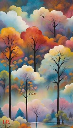 a painting of trees with colorful clouds in the background