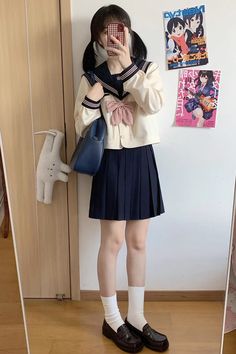 Skirt Accessories, School Skirt, Sleeves Style, Japanese School, Sailor Collar, Drawing Clothes, Blue Ivory, Sleeve Styles, Skirt Set